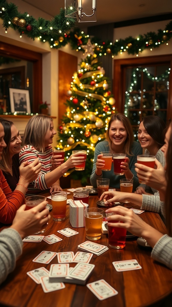 Adults enjoying a Christmas party with drinks and games, surrounded by festive decorations.